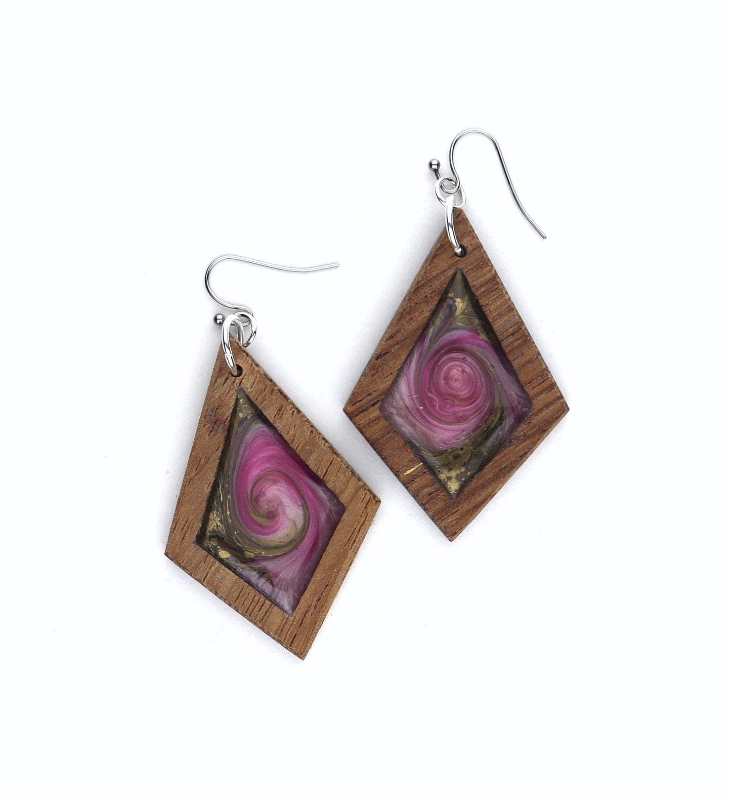 Aurora Wood Earrings in Rose Gold, handcrafted resin and wood earrings