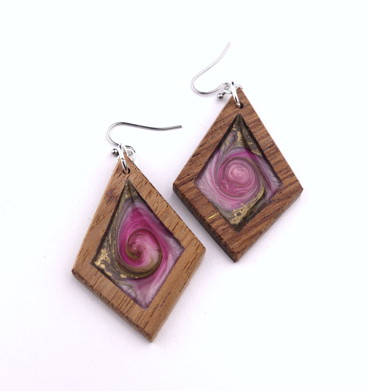 Aurora Wood Earrings in Rose Gold, handcrafted resin and wood earrings