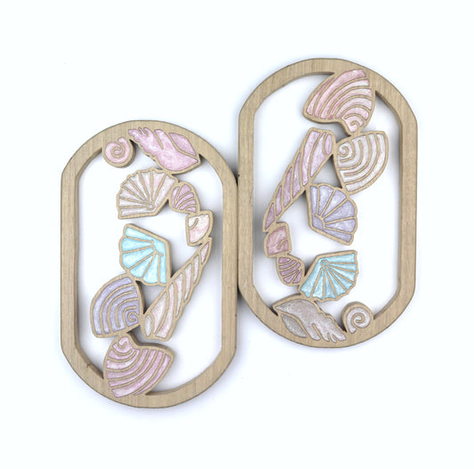Sea Shells inlaid wall art by Sands Wood, featuring intricate resin design and natural wood, perfect for beach inspired home decor.