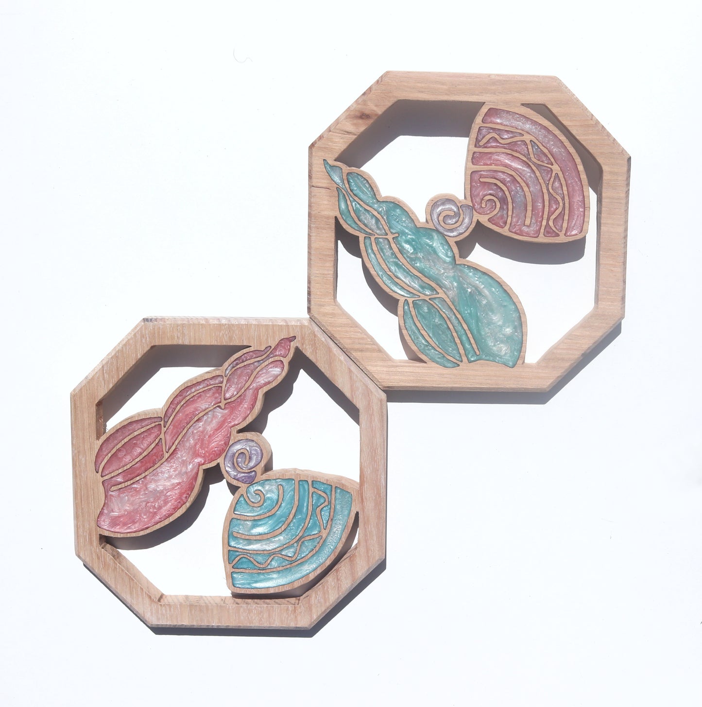 Spiral Sea Shells inlaid wall art by Sands Wood, featuring intricate resin design and natural wood, perfect for beachy home decor.