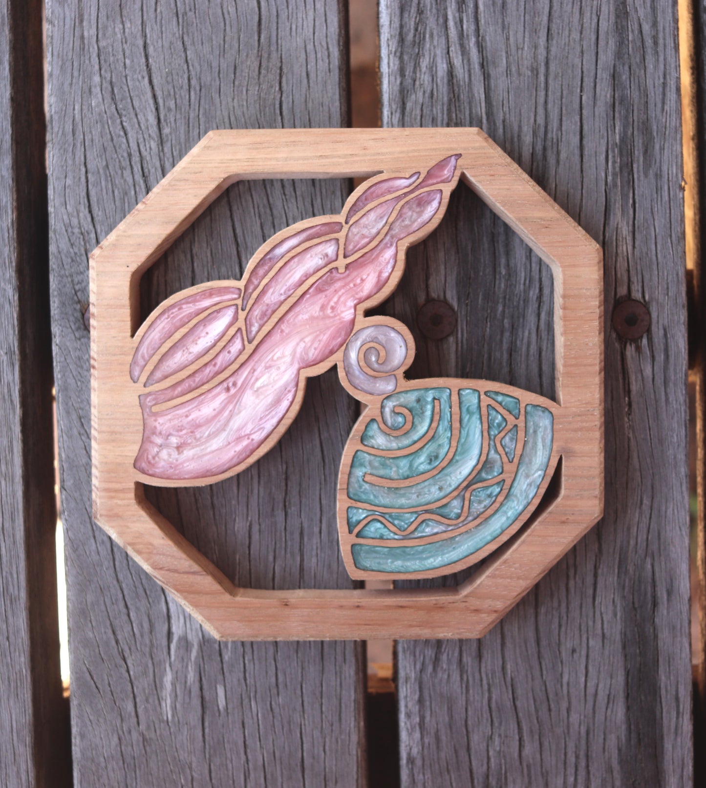 Spiral Sea Shells inlaid wall art by Sands Wood, featuring intricate resin design and natural wood, perfect for rustic or nature-inspired home decor.