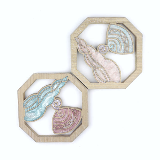 Spiral Sea Shells inlaid wall art by Sands Wood, featuring intricate resin design and natural wood, perfect for beachy home decor.