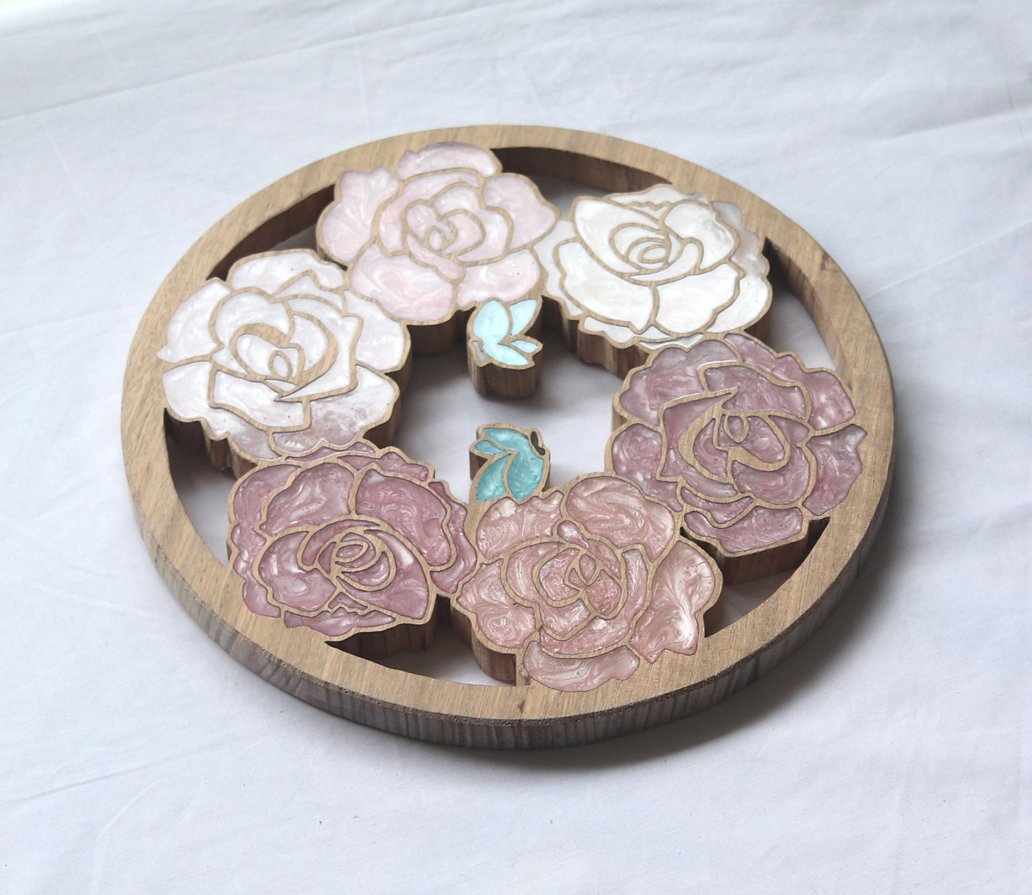 Roses and Butterflies inlaid wall art by Sands Wood, featuring intricate resin design and natural wood, perfect for rustic or nature-inspired home decor.