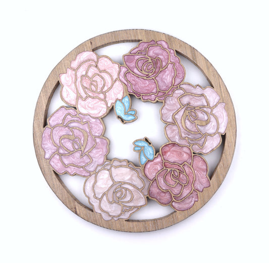 Roses and Butterflies inlaid wall art by Sands Wood, featuring intricate resin design and natural wood, perfect for rustic or nature-inspired home decor.