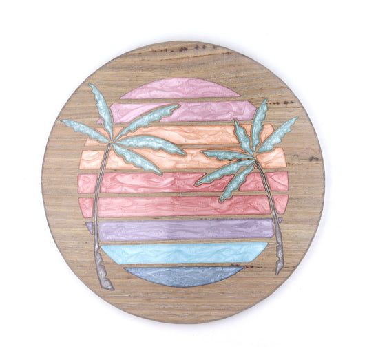 Vaporwave inspired sunset in vibrant resin bands with palm trees. Summer vibes for perfect beach house decor.