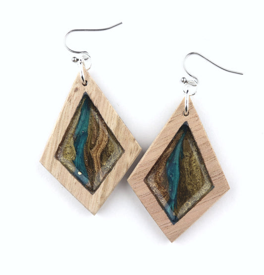 Aurora Wood Earrings in Turquoise Sands Metallic, handcrafted resin and wood earrings
