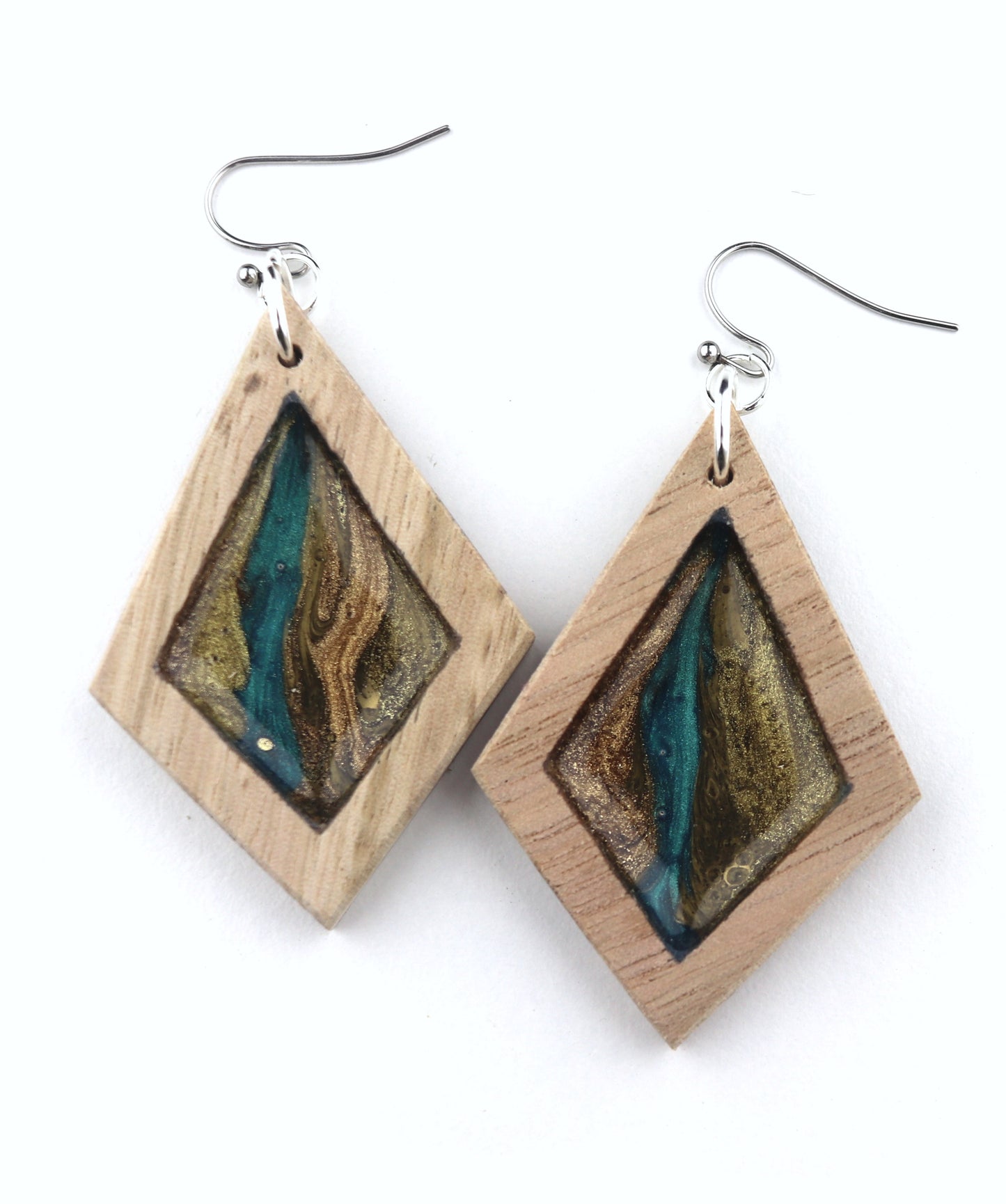 Aurora Wood Earrings in Turquoise Sands Metallic, handcrafted resin and wood earrings
