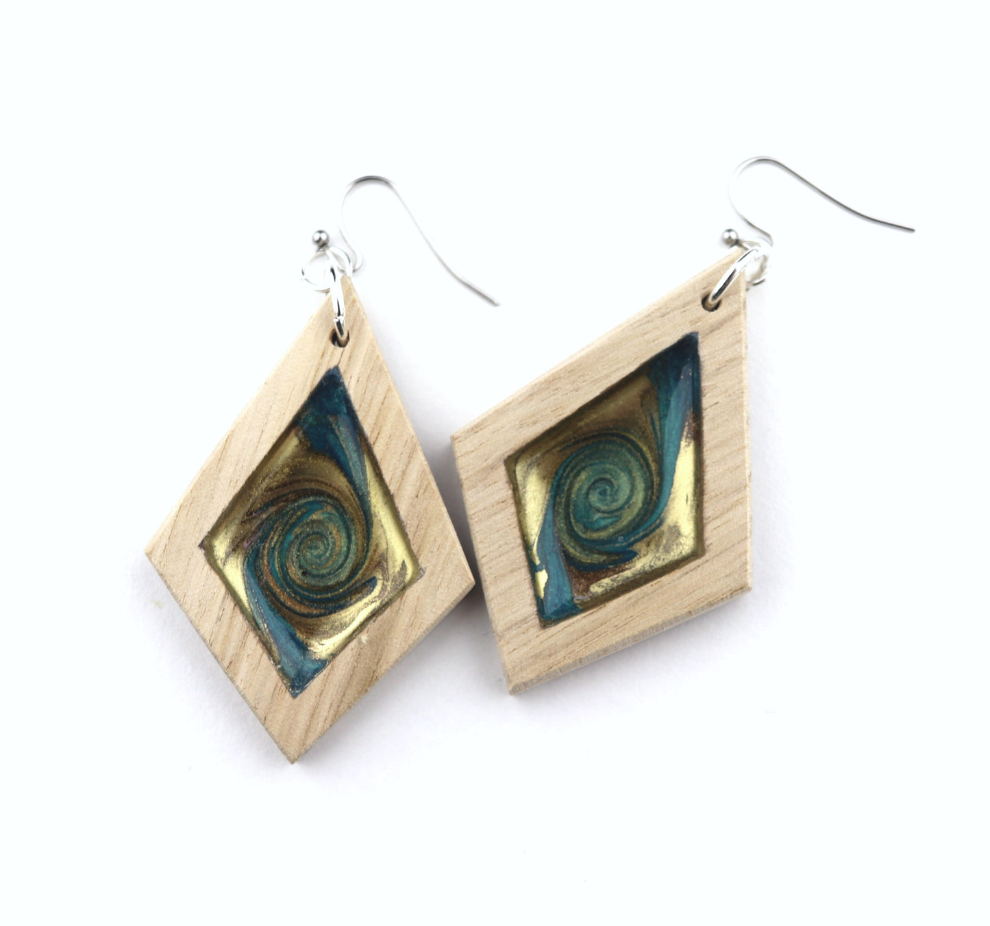 Aurora Wood Earrings in Turquoise Gold Swirl, handcrafted resin and wood earrings