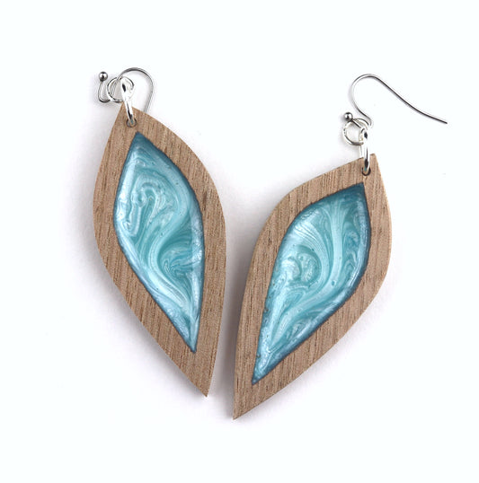 Aurora Wood Earrings Turquoise Petal, handcrafted resin and wood earrings
