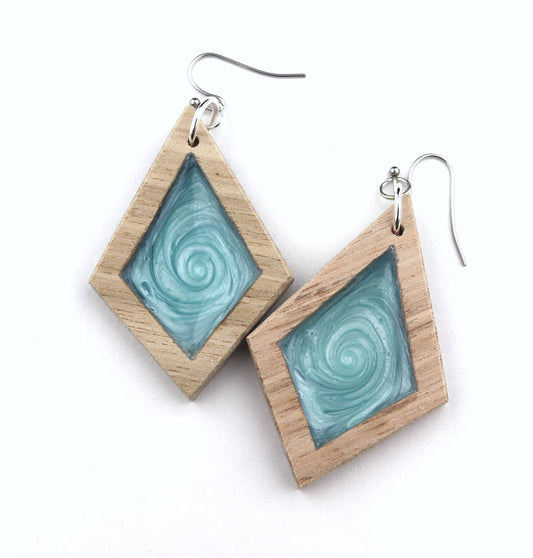 Aurora Wood Earrings in Turquoise, handcrafted resin and wood earrings
