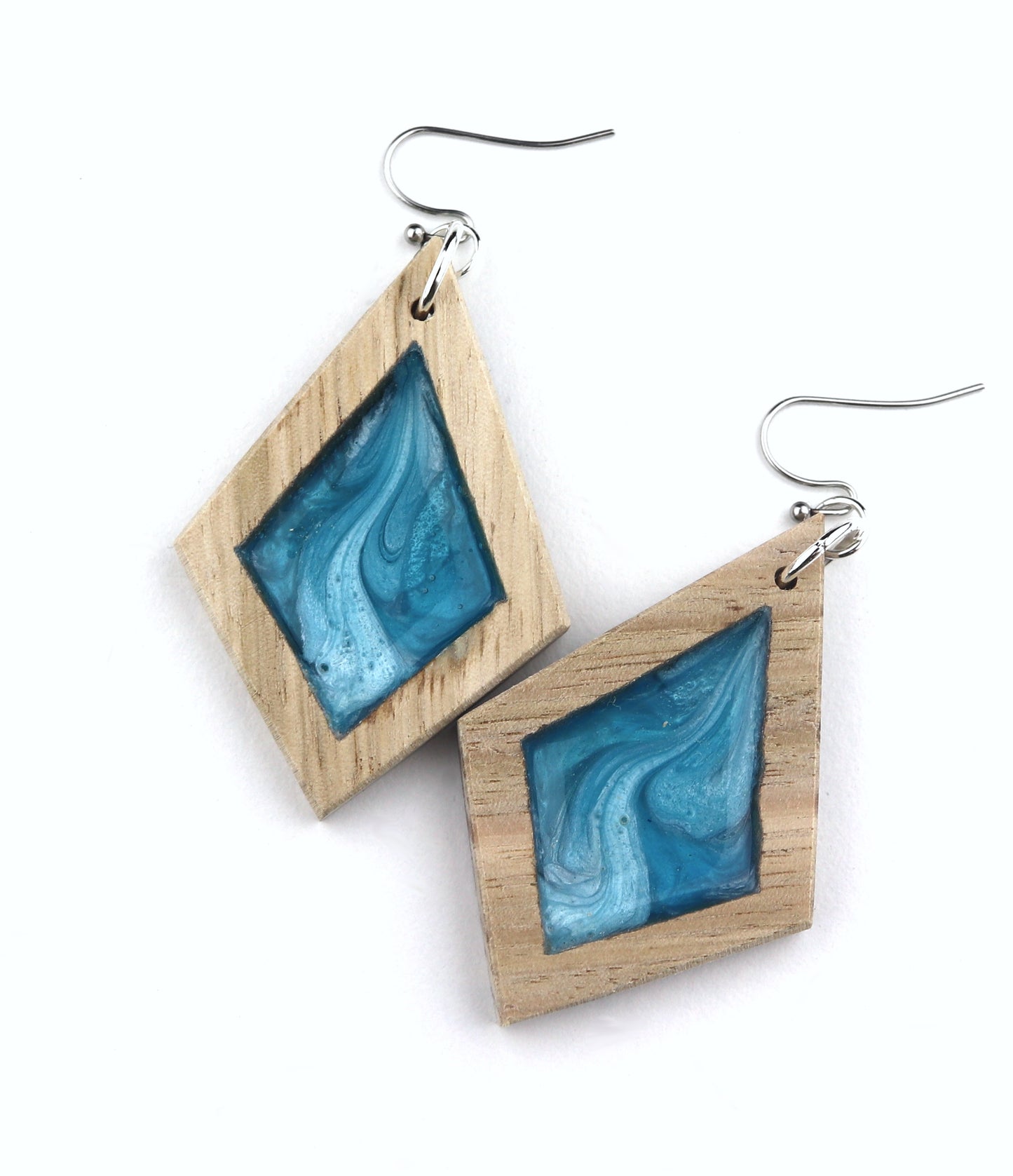 Aurora Wood Earrings in Wave Blue, handcrafted resin and wood earrings