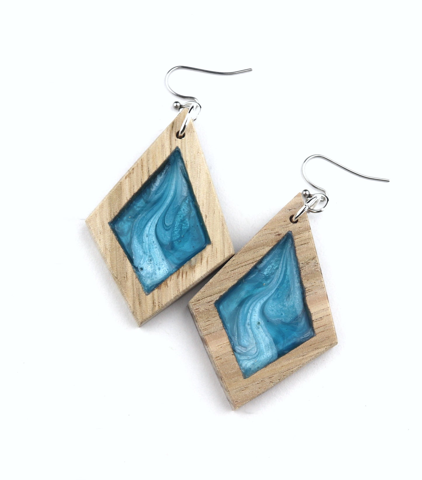 Aurora Wood Earrings in Wave Blue, handcrafted resin and wood earrings