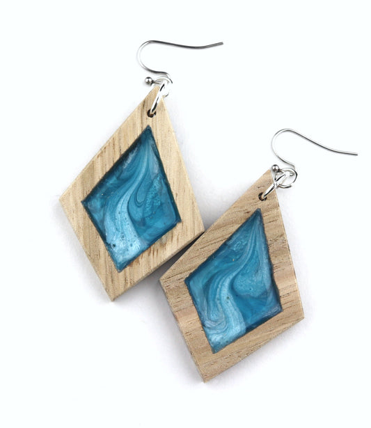 Aurora Wood Earrings in Wave Blue, handcrafted resin and wood earrings