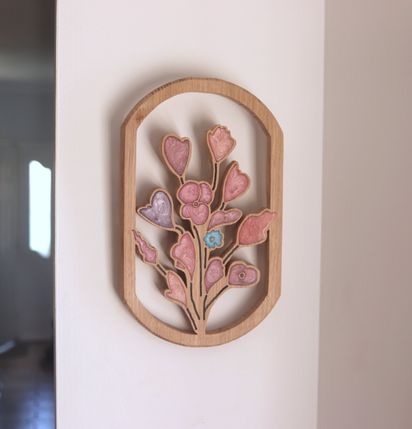 Wild Flowers inlaid wall art by Sands Wood, featuring intricate resin design and natural wood, perfect for rustic or nature-inspired home decor.