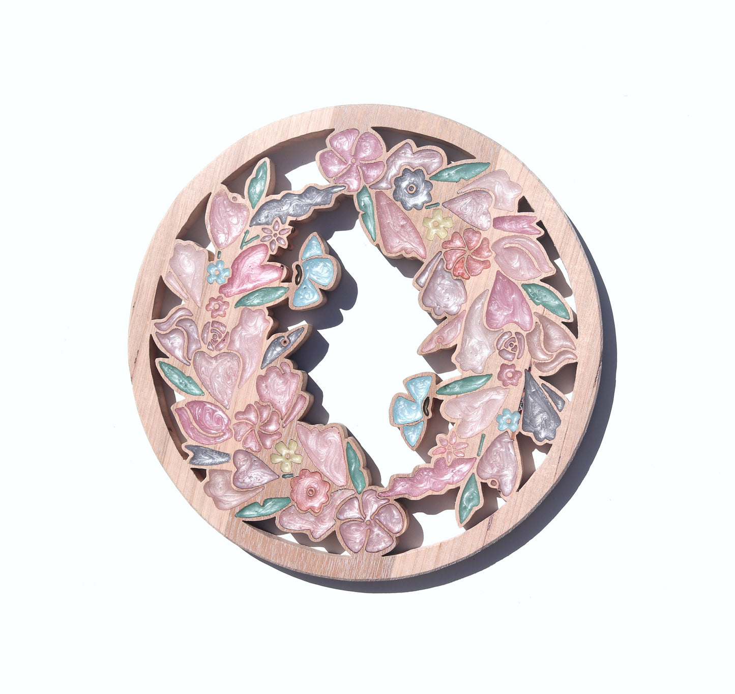 Wild Flowers wreath inlaid wall art by Sands Wood, featuring intricate resin design and natural wood, perfect for rustic or nature-inspired home decor.
