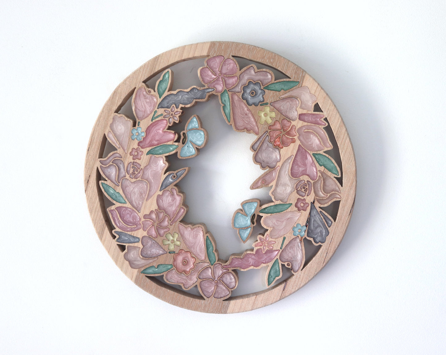 Wild Flowers wreath inlaid wall art by Sands Wood, featuring intricate resin design and natural wood, perfect for rustic or nature-inspired home decor.