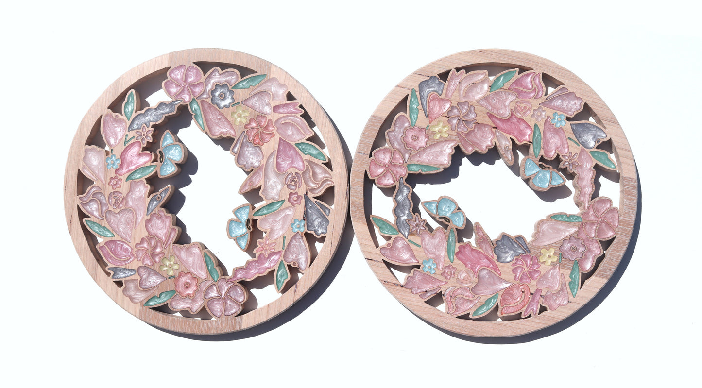 Wild Flowers wreath inlaid wall art by Sands Wood, featuring intricate resin design and natural wood, a vibrant nature-inspired home decor.