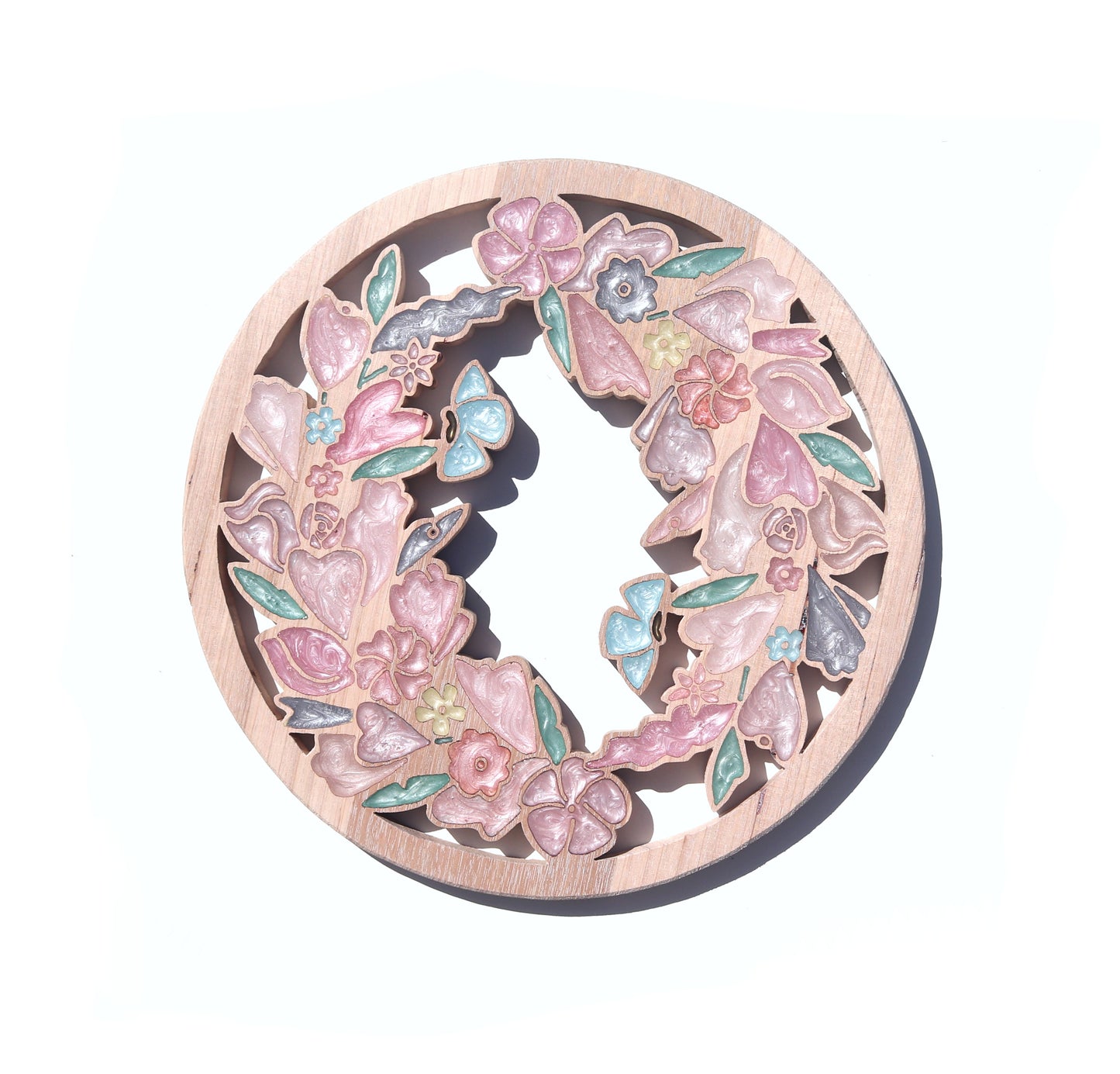 Wild Flowers wreath inlaid wall art by Sands Wood, featuring intricate resin design and natural wood, a vibrant nature-inspired home decor.