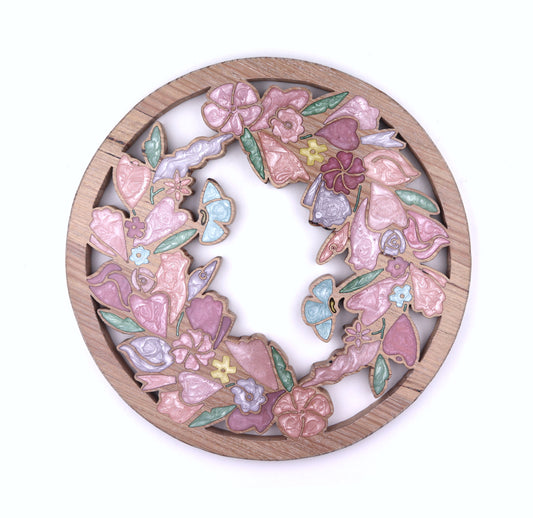 Wild Flowers wreath inlaid wall art by Sands Wood, featuring intricate resin design and natural wood, a vibrant nature-inspired home decor.