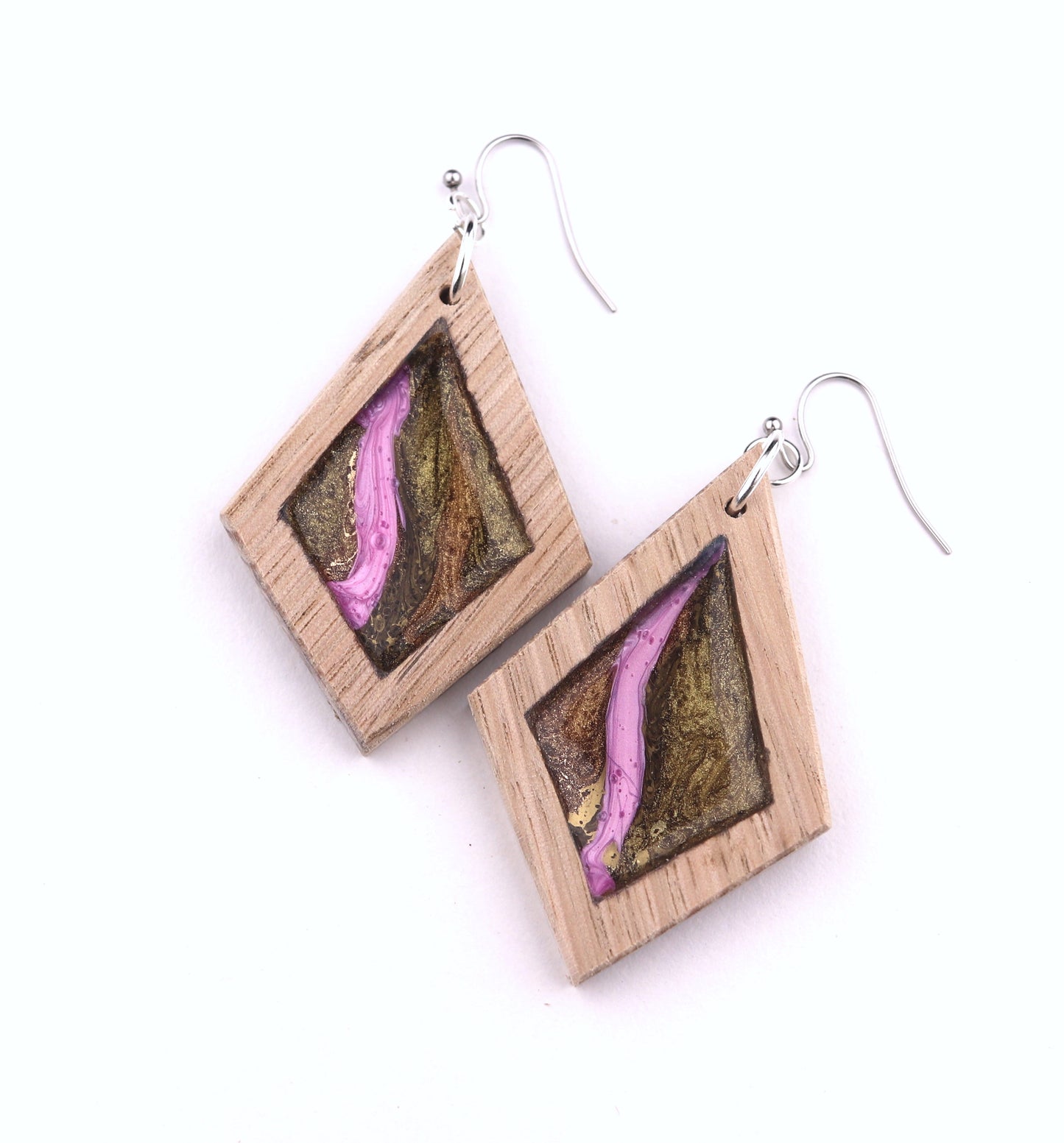Aurora Wood Earrings in Wild Rose Pink, handcrafted resin and wood earrings