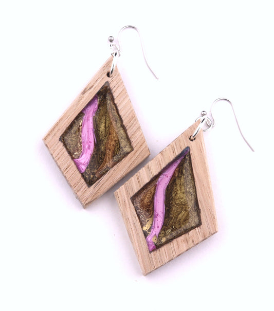 Aurora Wood Earrings in Wild Rose Pink, handcrafted resin and wood earrings