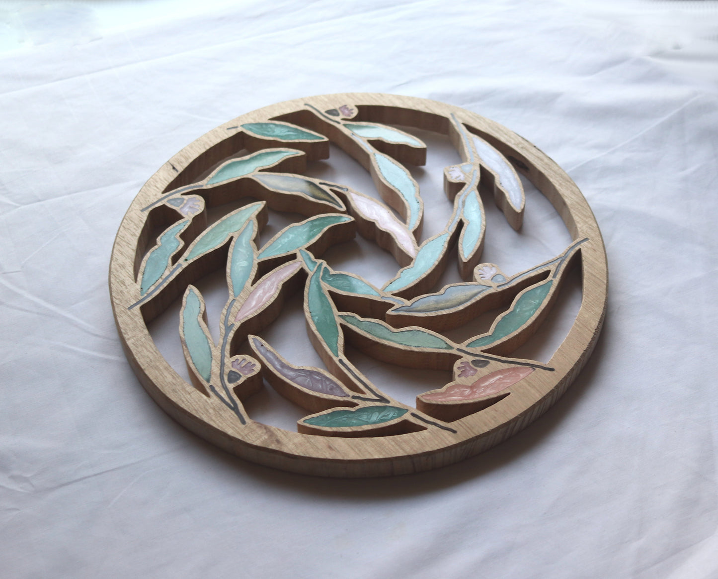 Gum nuts and Leaves inlaid wall art by Sands Wood, featuring artistic resin design and natural wood, perfect for entryway or living room home decor.