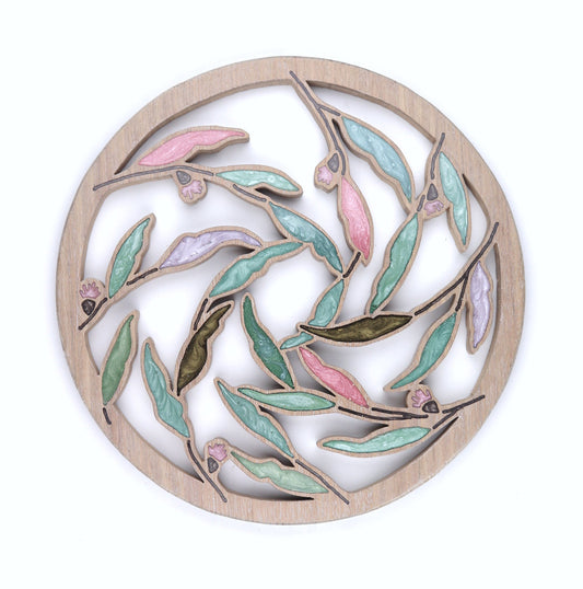 Gum nuts and Leaves inlaid wall art by Sands Wood, featuring artistic resin design and natural wood, perfect for entryway or living room home decor.