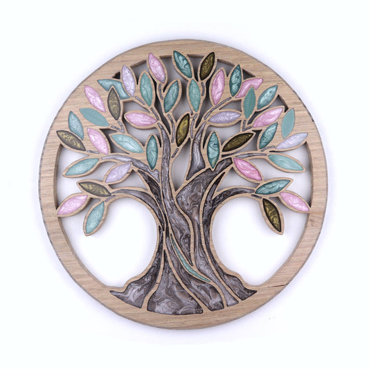 Tree of Life inlaid wall art by Sands Wood, featuring artistic resin design and natural wood, perfect for entryway or living room home decor.