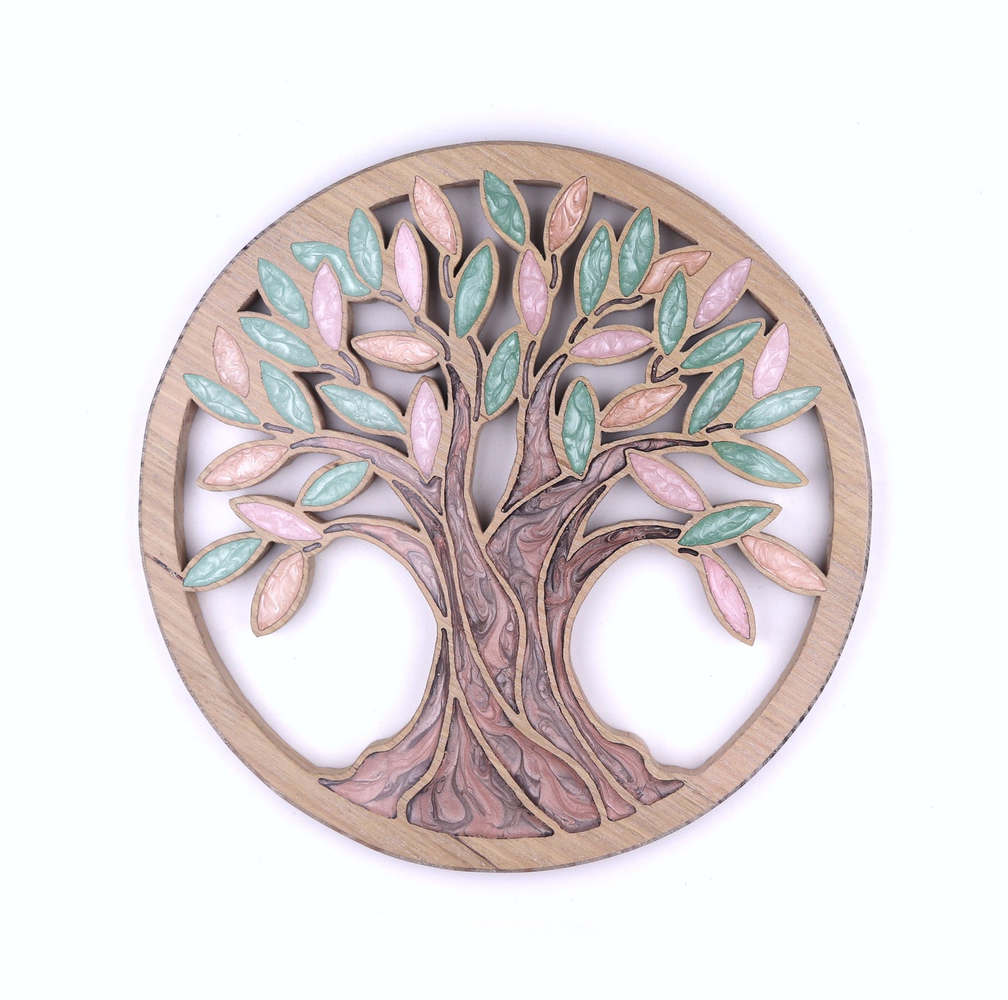 Tree of Life inlaid wall art by Sands Wood, featuring artistic resin design and natural wood, perfect for entryway or living room home decor.