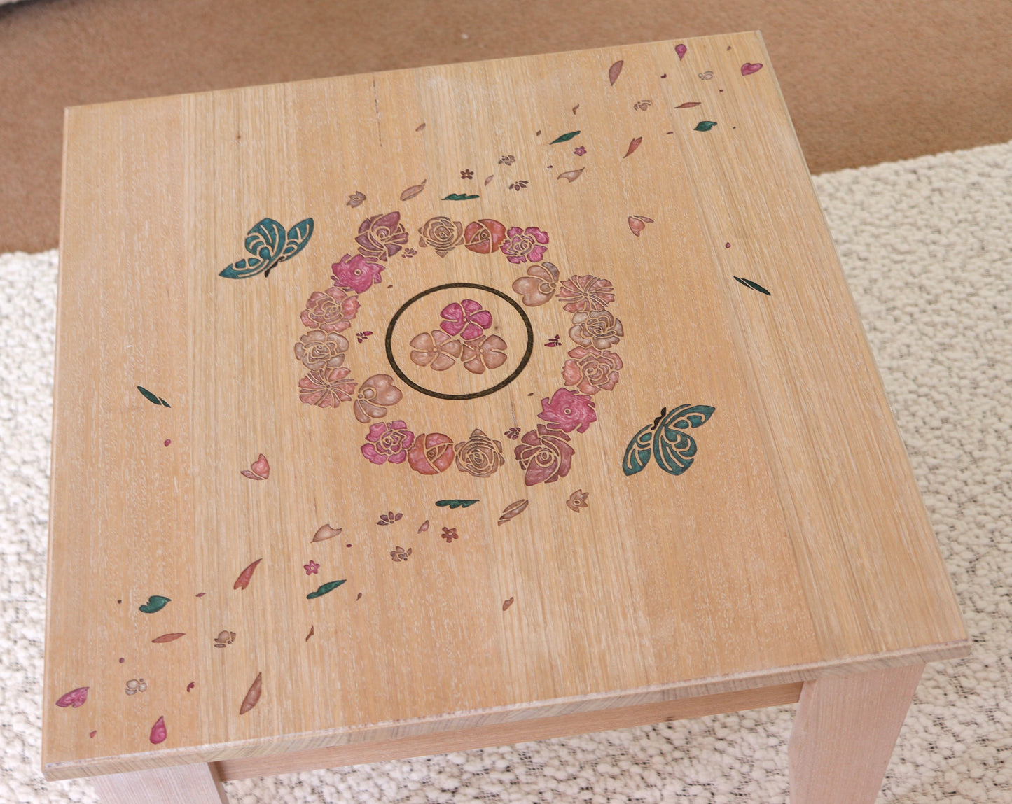 Resin Accent Table - Turquoise Butterflies and Pink Flowers