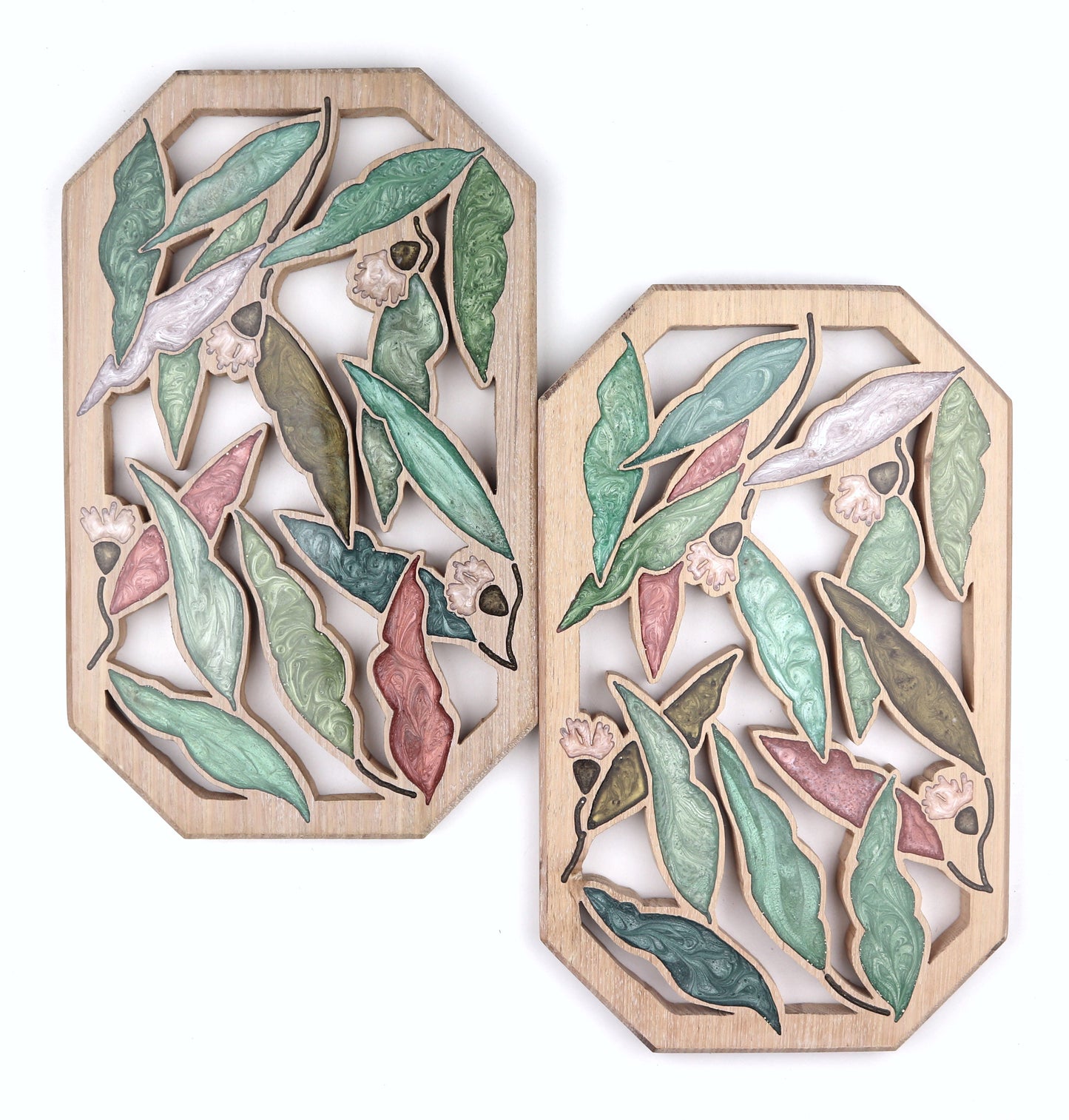 Gum Nuts and Leaves Wood Wall Art - Handcrafted Home Decor - Angled