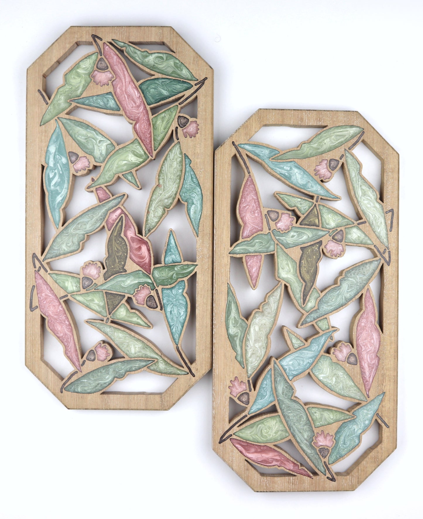 Gum Nuts and Leaves Wood Wall Art - Handcrafted Home Decor - Large Angled