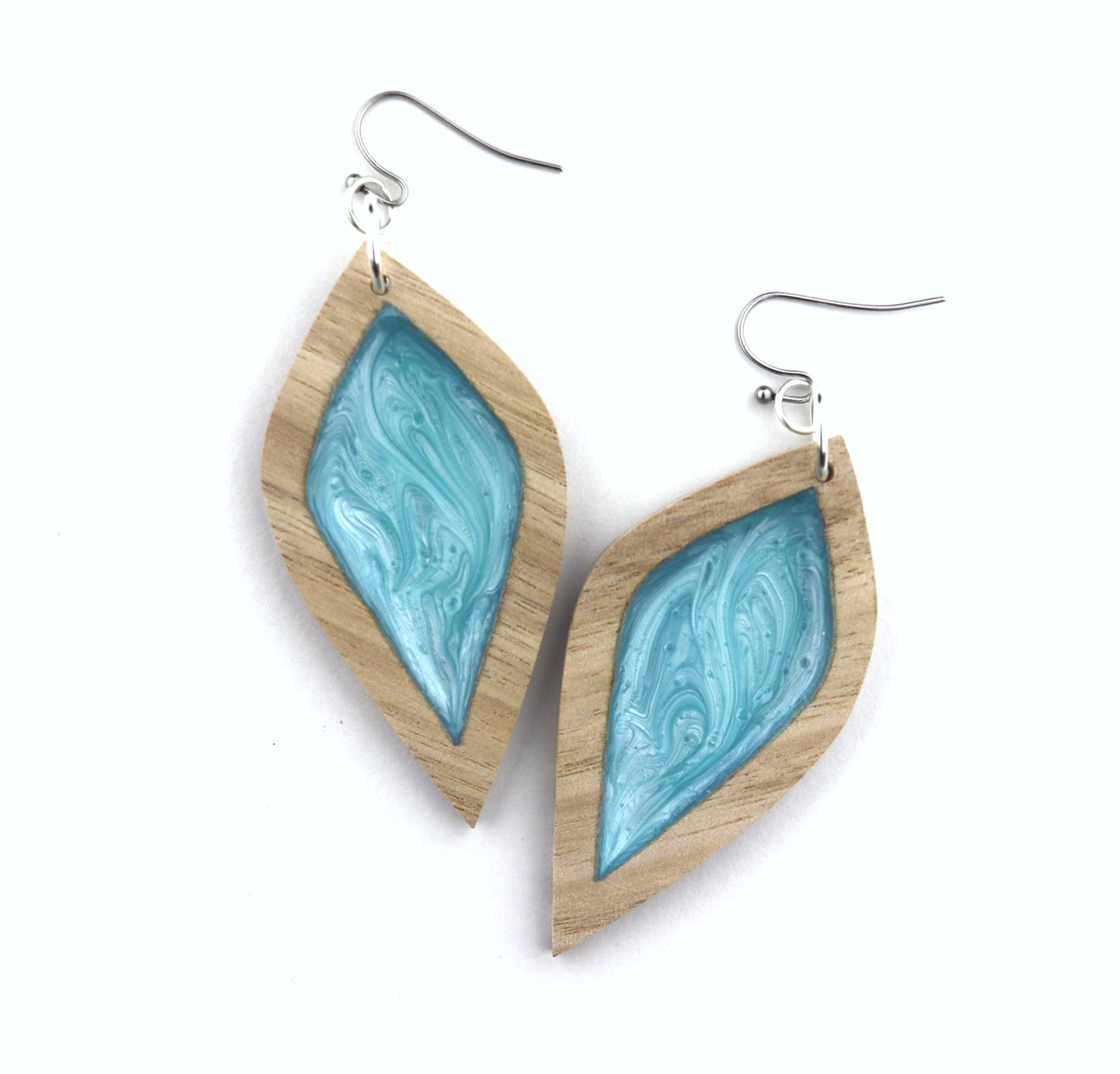 Aurora Earrings – Large Turquoise Petal – Wood & Resin Jewellery
