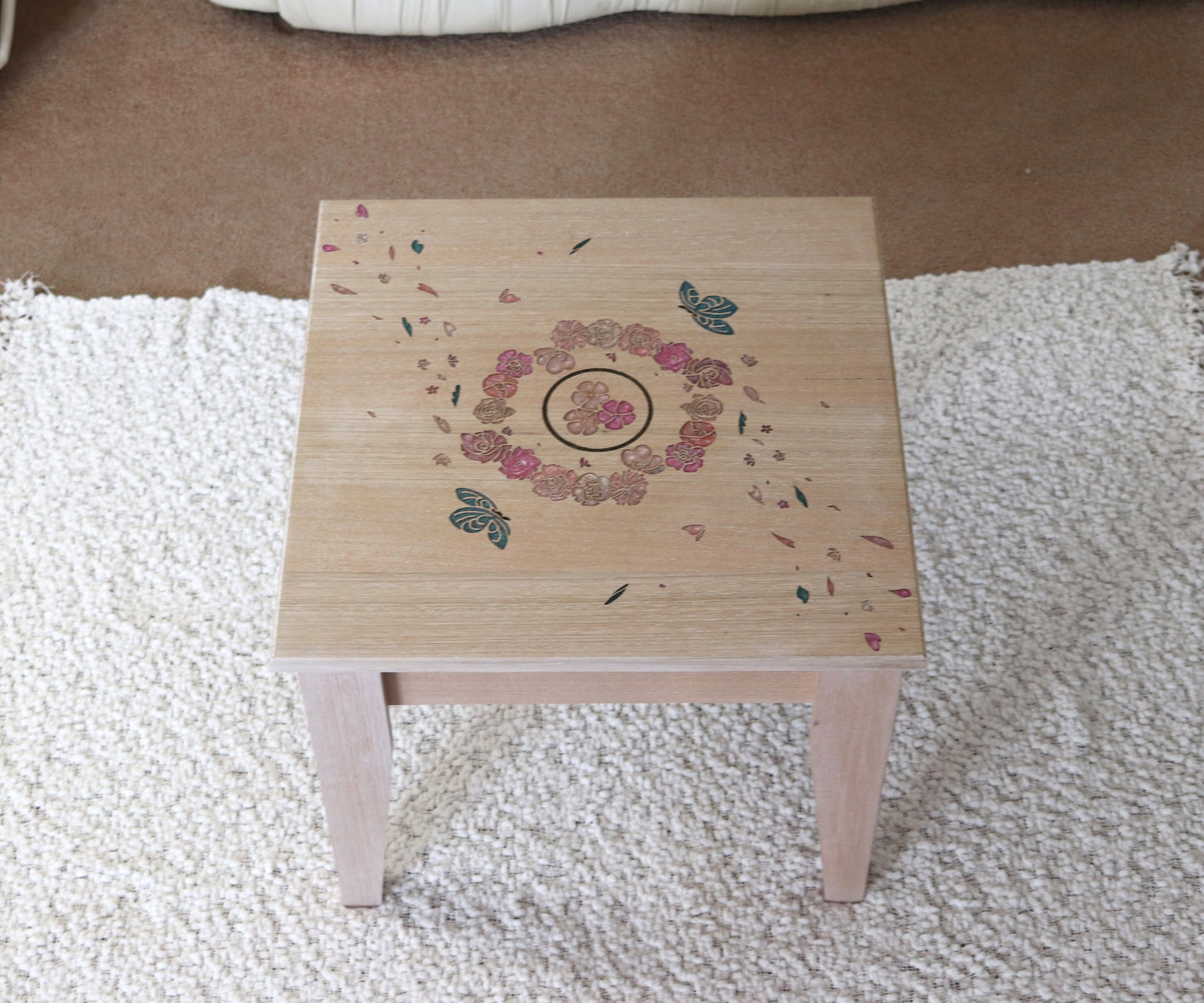 Resin Accent Table - Turquoise Butterflies and Pink Flowers