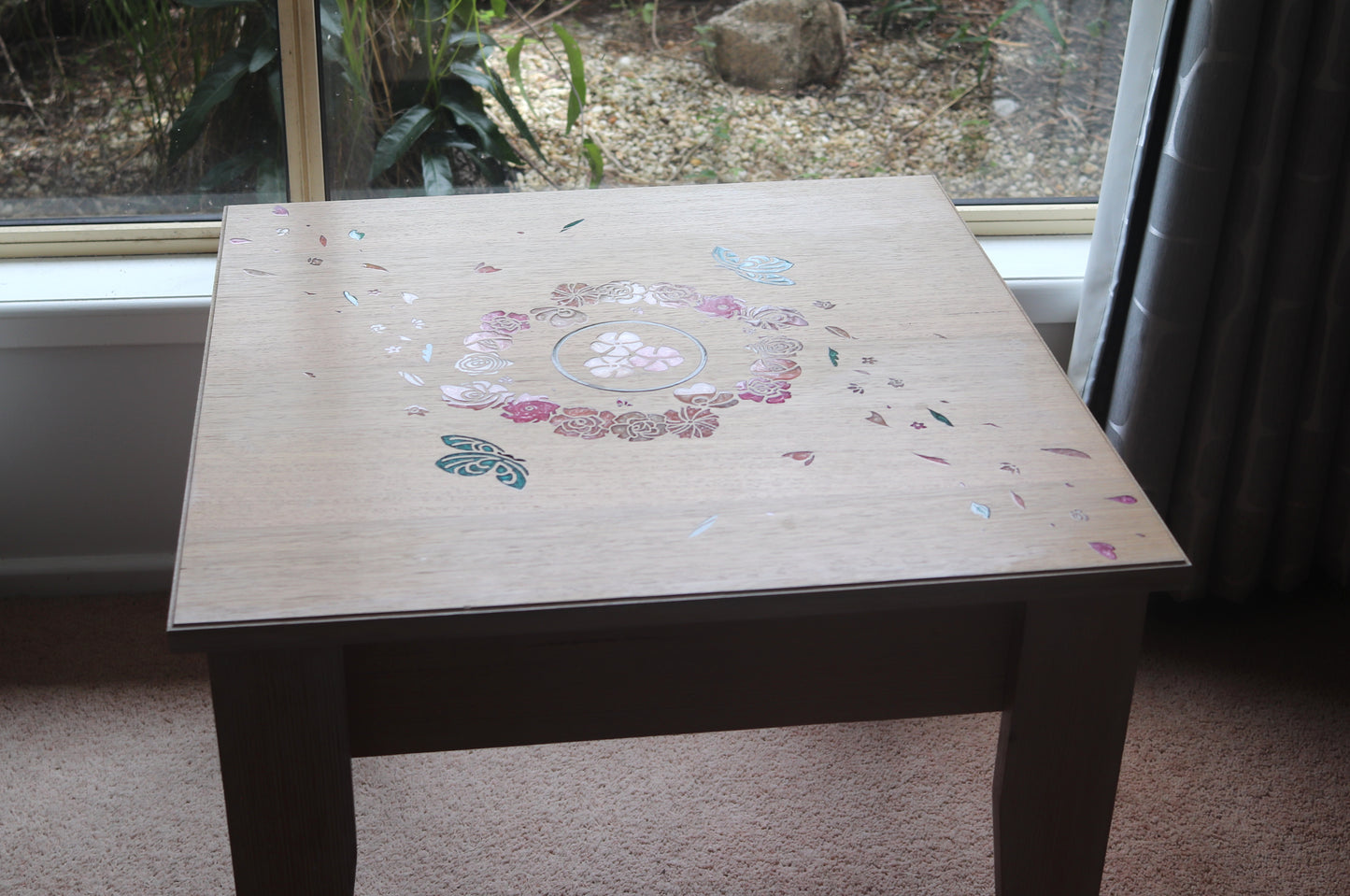 Resin Accent Table - Turquoise Butterflies and Pink Flowers