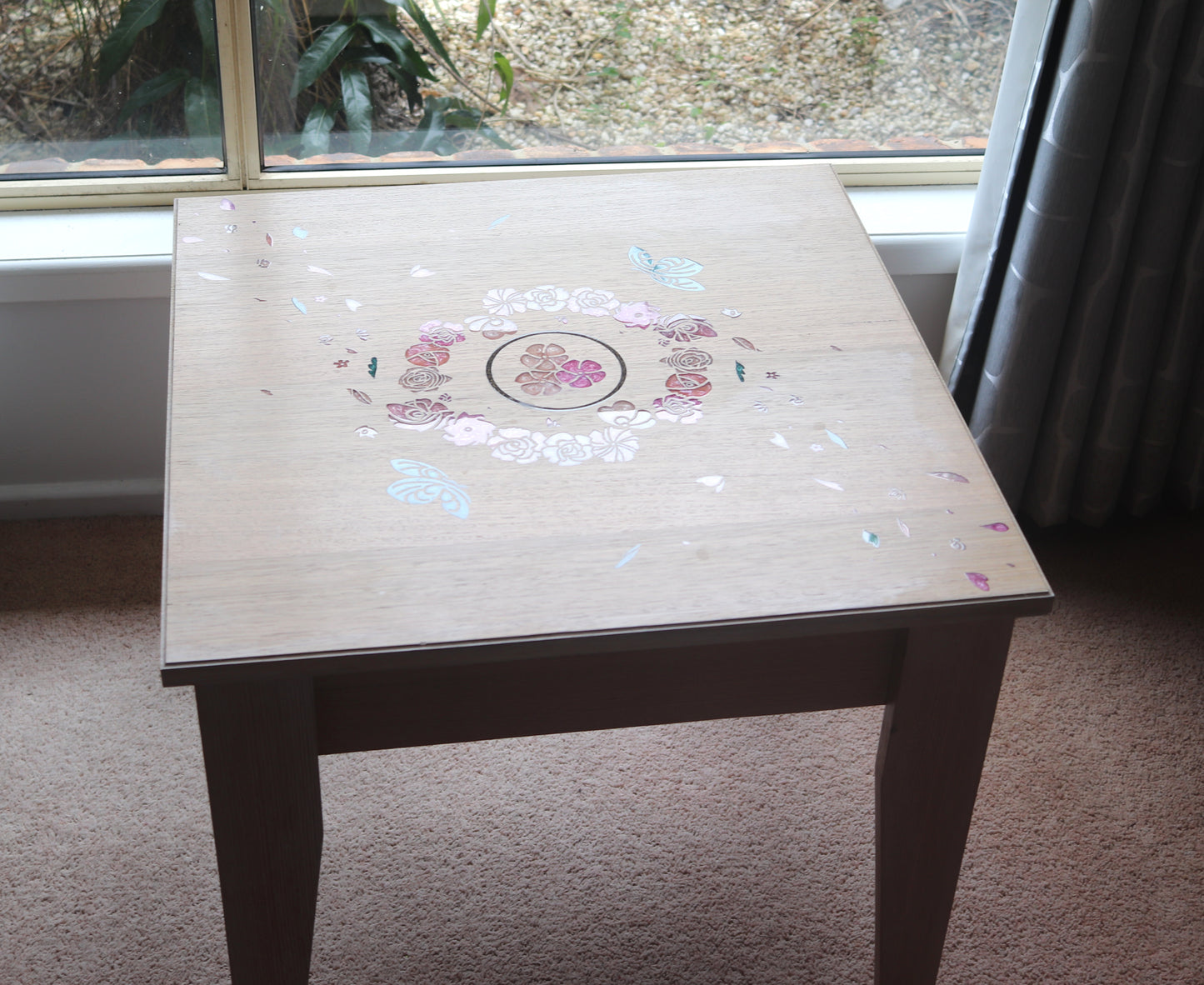 Resin Accent Table - Turquoise Butterflies and Pink Flowers