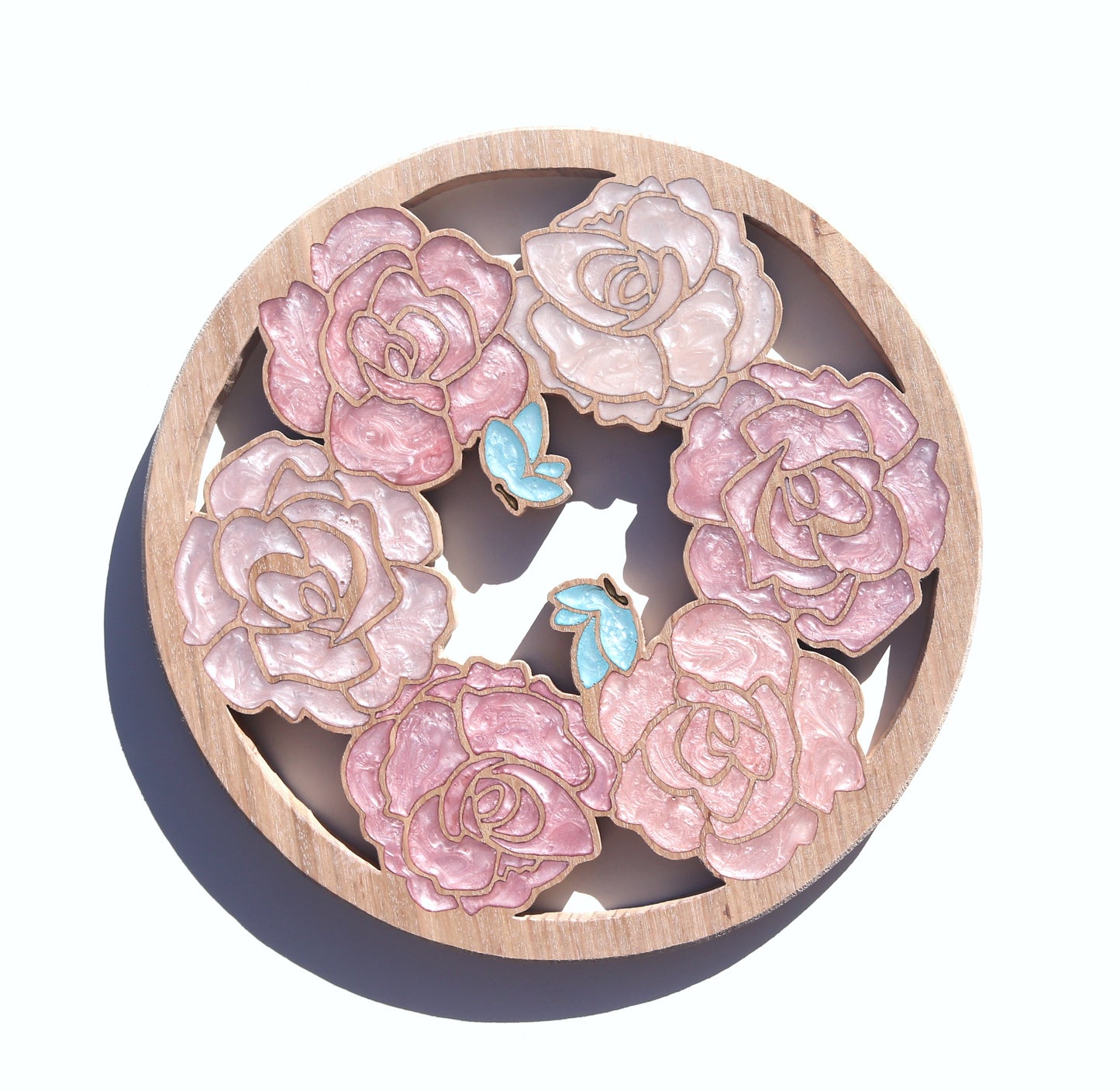 Wood Wall Art - Summer Roses and Butterflies - Circle