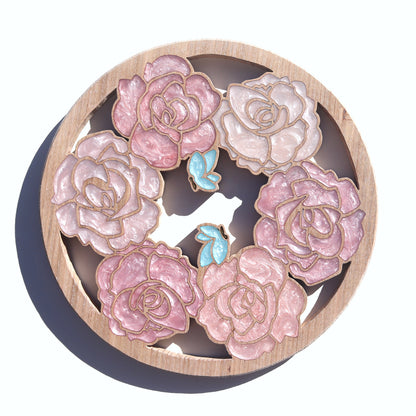 Wood Wall Art - Summer Roses and Butterflies - Circle