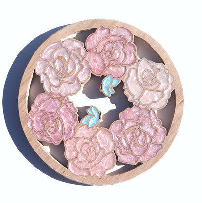 Wood Wall Art - Summer Roses and Butterflies - Circle