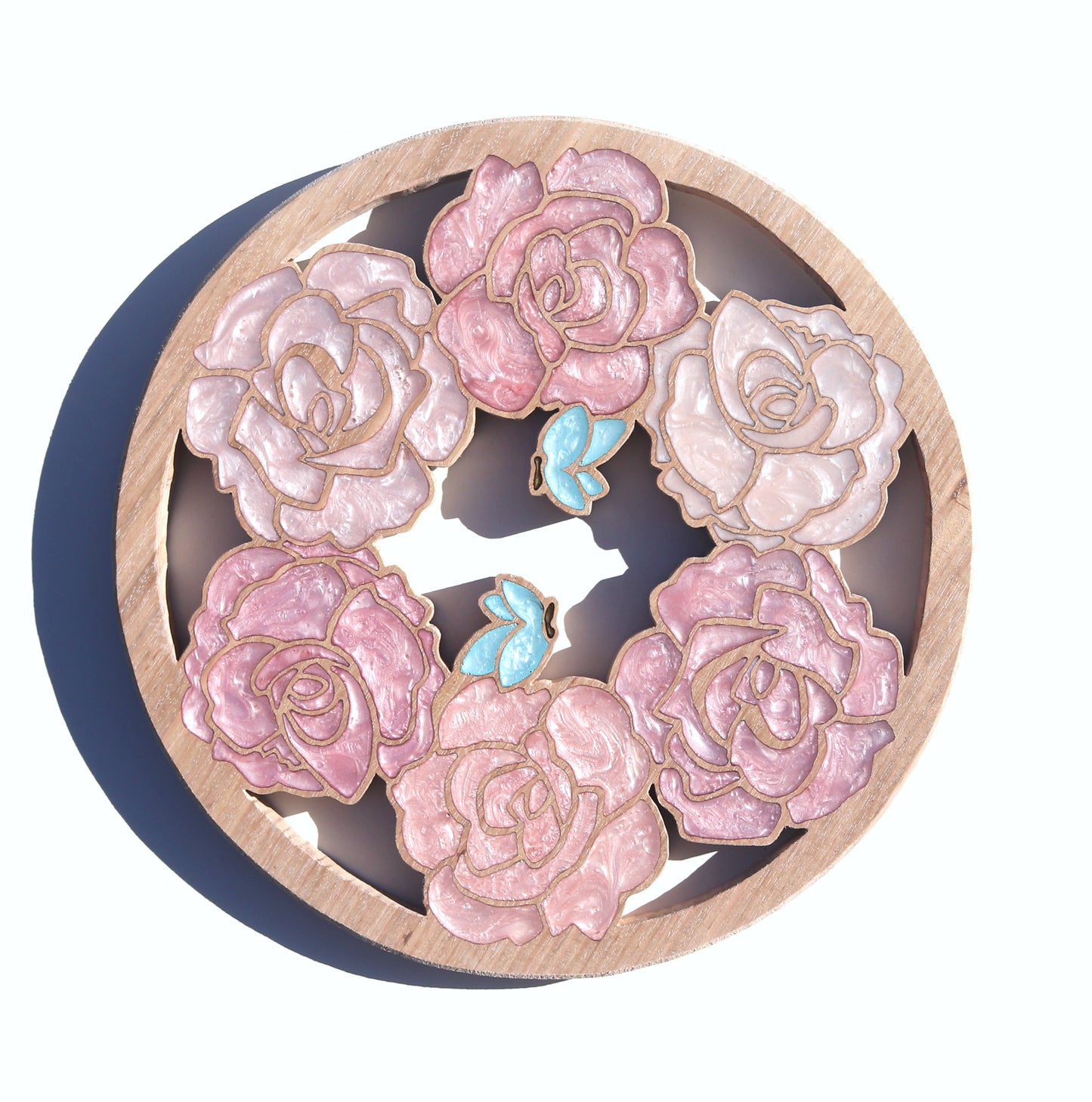 Wood Wall Art - Summer Roses and Butterflies - Circle