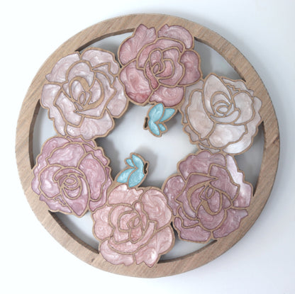 Wood Wall Art - Summer Roses and Butterflies - Circle