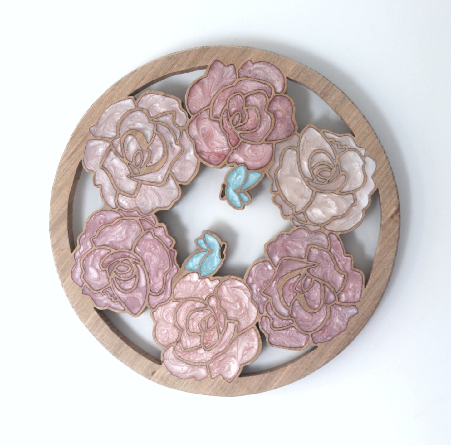 Wood Wall Art - Summer Roses and Butterflies - Circle