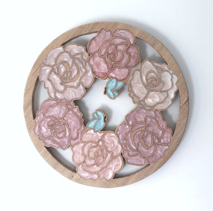 Wood Wall Art - Summer Roses and Butterflies - Circle