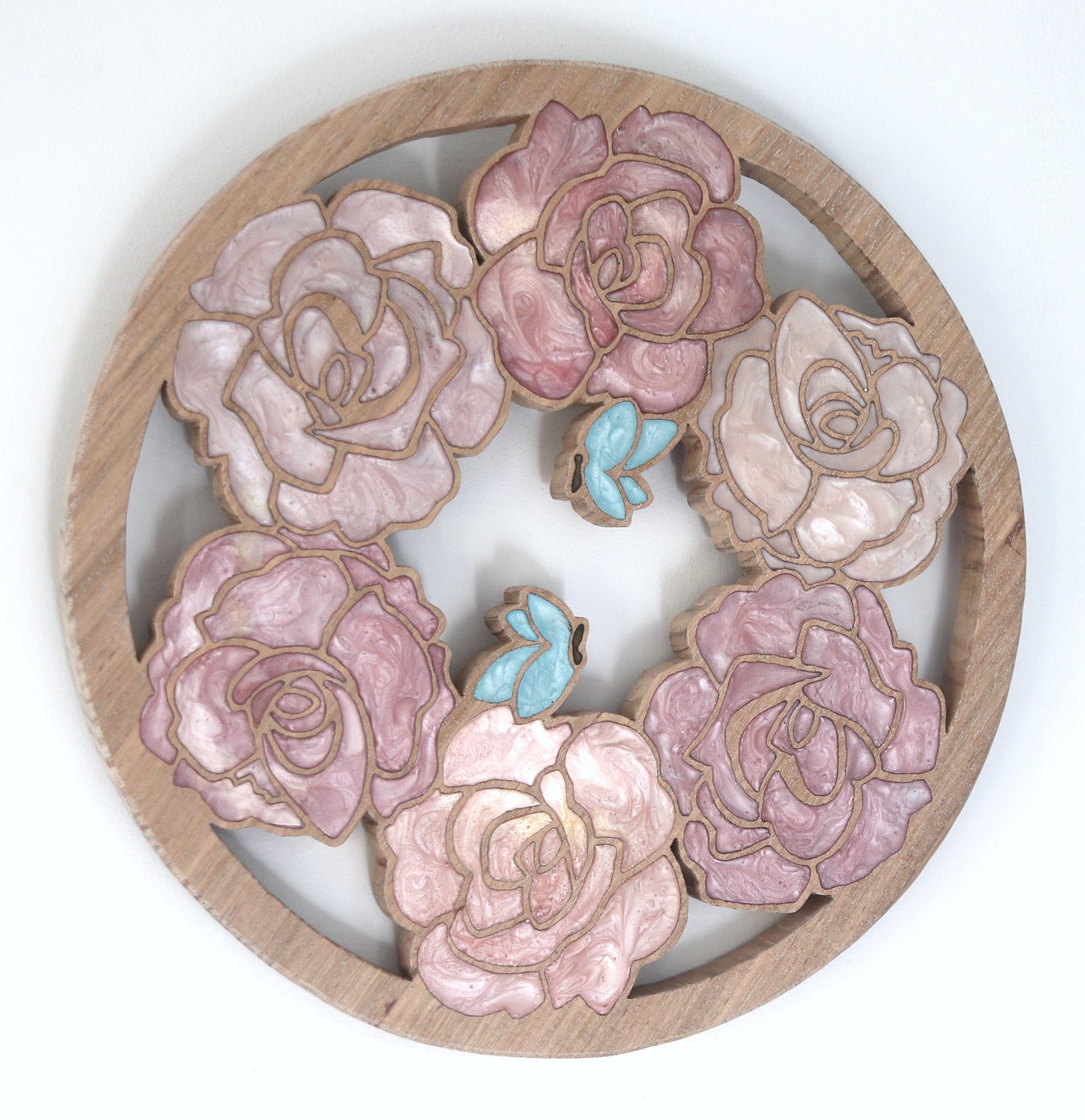 Wood Wall Art - Summer Roses and Butterflies - Circle