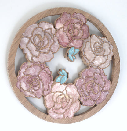 Wood Wall Art - Summer Roses and Butterflies - Circle