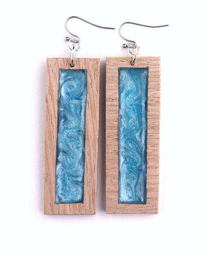 Aurora Wood Earrings in Blue Edge, handcrafted resin and wood earrings