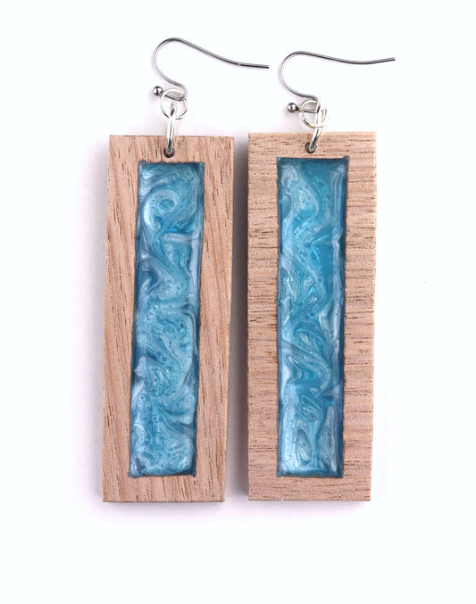 Aurora Wood Earrings in Blue Edge, handcrafted resin and wood earrings