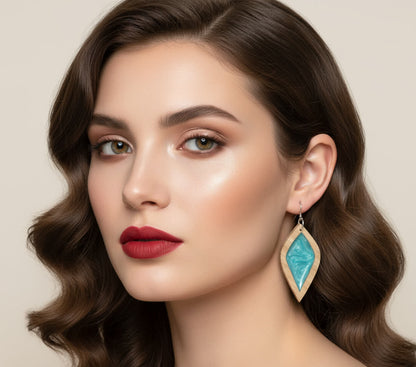 Aurora Earrings – Large Turquoise Petal – Wood & Resin Jewellery