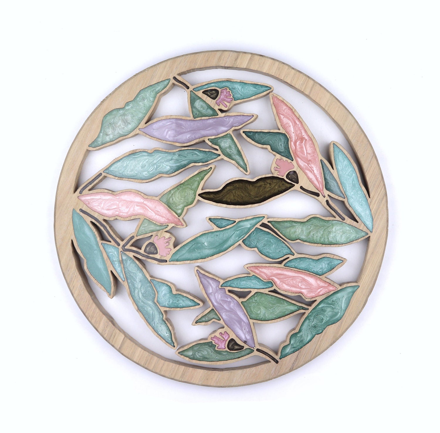 Gum nuts and Leaves inlaid wall art by Sands Wood, featuring intricate resin design and natural wood, perfect for rustic or bush inspired home decor.