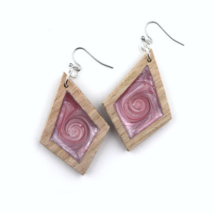 Aurora Wood Earrings in Ice Pink, handcrafted resin and wood earrings